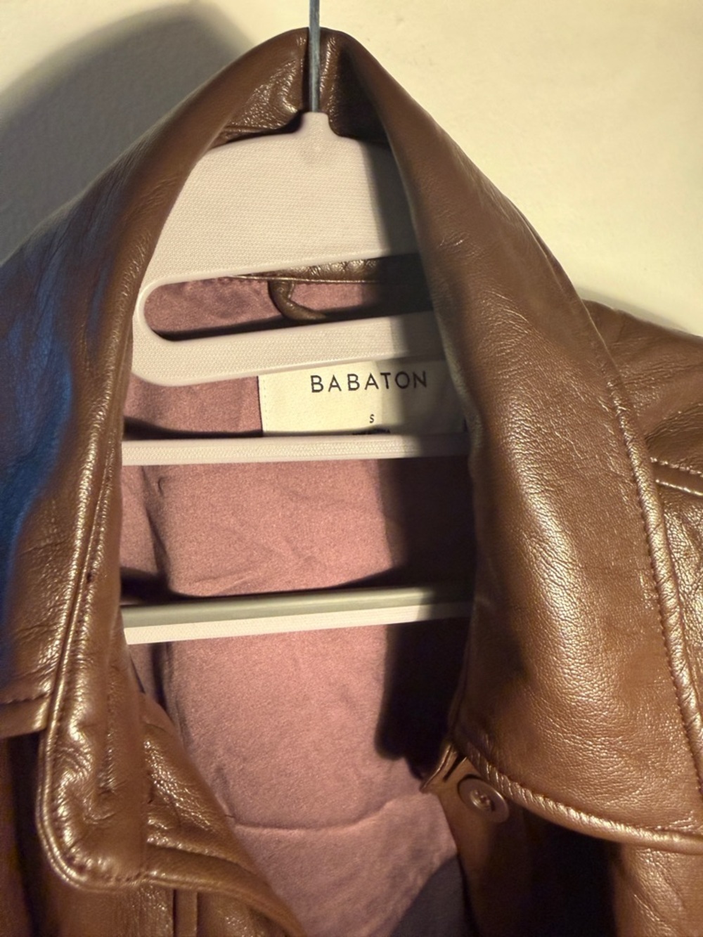 Babaton Brown Leather Jacket with Mauve Lining
